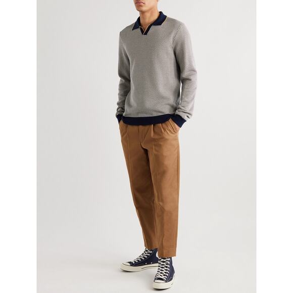 Mr. P Men's Long Sleeve Sweater Polo L Collar Honeycomb Knit Cotton Blue Brown - Picture 1 of 8